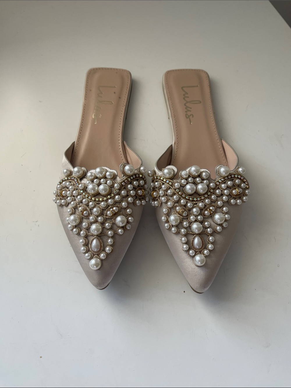 Lulu's Pearl-Embellished Nude Pointed Toe Mules